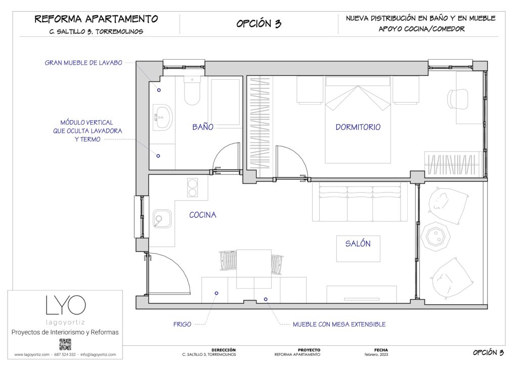 Proyecto Interiorismo y Reforma Integral Apartamento - C Saltillo - Torremolinos - Opciones de Distribución - 04 - Opción 3 - Nueva distribución en baño y en mueble con apoyo cocina comedor