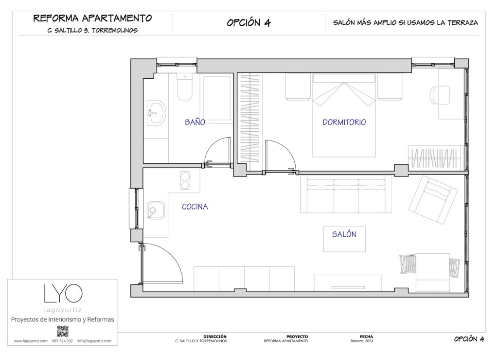 Proyecto Interiorismo y Reforma Integral Apartamento - C Saltillo - Torremolinos - Opciones de Distribución - 05 - Opción 4 - Salón más amplio si usamos la terraza
