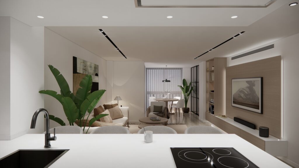 Proyecto Interiorismo y Reforma Integral - Esquilo 22 - El Cónsul - Málaga - Diseño de Interiores - v3 - 05 - salón desde cocina