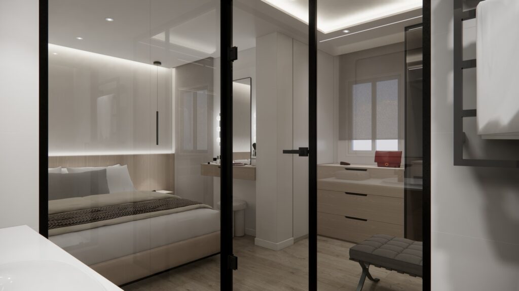 Proyecto Interiorismo y Reforma Integral - Esquilo 22 - El Cónsul - Málaga - Diseño de Interiores - v3 - 22 - suite desde baño tabiques de cristal