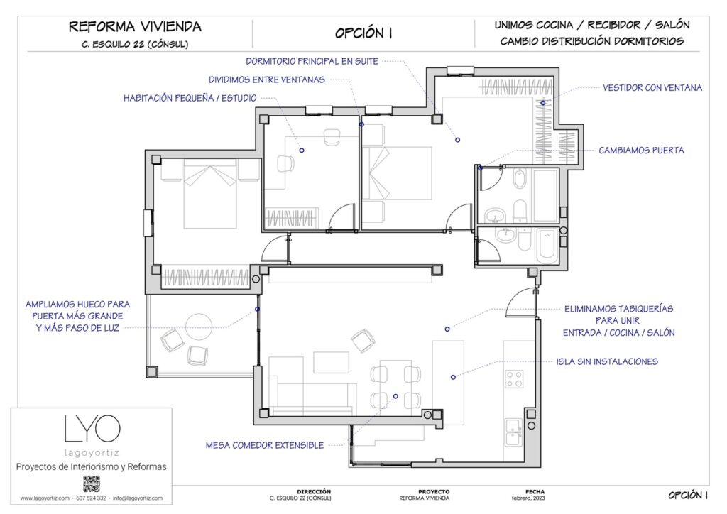 Proyecto Interiorismo y Reforma Integral - Esquilo 22 - El Cónsul - Málaga - Opciones de Distribución - 03 - Opción 1 - Unimos cocina-recibidor-salón y cambio distribución dormitorios