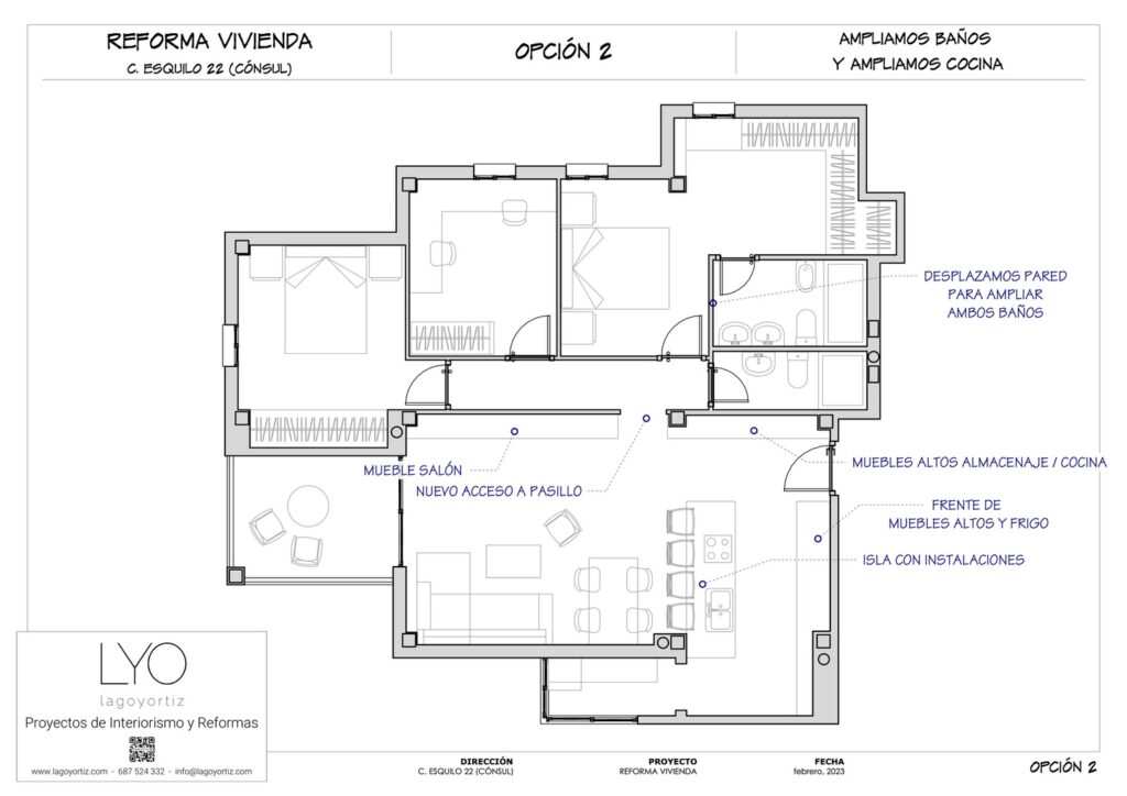 Proyecto Interiorismo y Reforma Integral - Esquilo 22 - El Cónsul - Málaga - Opciones de Distribución - 04 - Opción 2 - Ampliamos baños y ampliamos cocina
