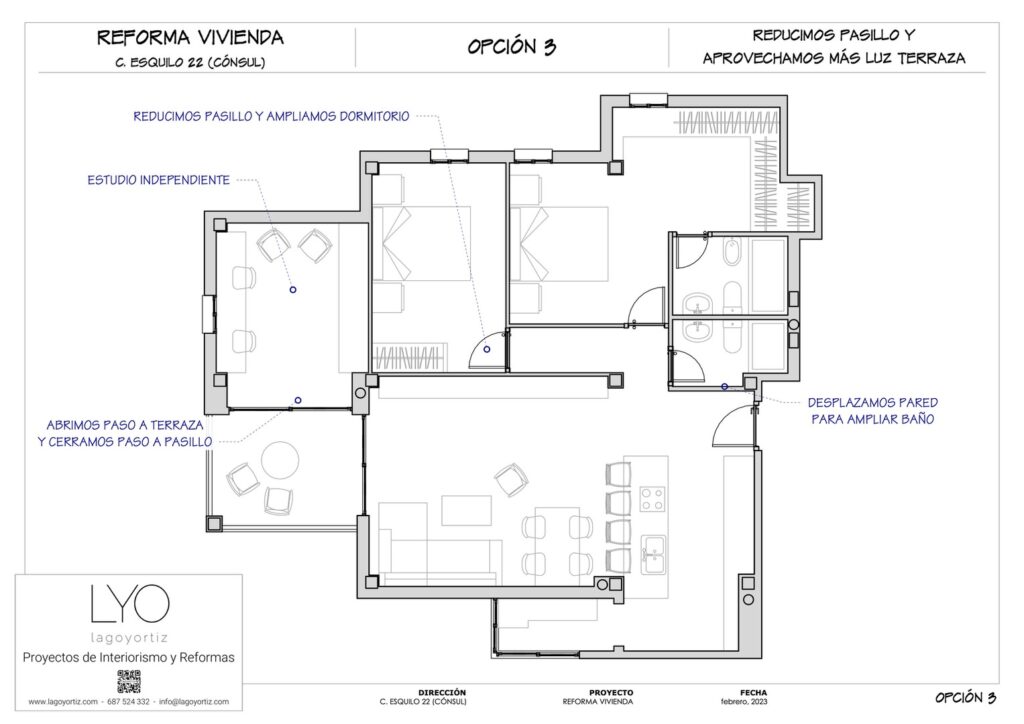 Proyecto Interiorismo y Reforma Integral - Esquilo 22 - El Cónsul - Málaga - Opciones de Distribución - 05 - Reducimos pasillo y aprovechamos más luz de terraza