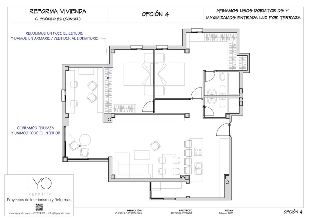 Proyecto Interiorismo y Reforma Integral - Esquilo 22 - El Cónsul - Málaga - Opciones de Distribución - 06 - Afinamos usos dormitorios y maximizamos entrada luz por terraza