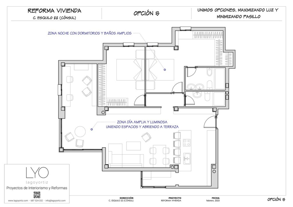Proyecto Interiorismo y Reforma Integral - Esquilo 22 - El Cónsul - Málaga - Opciones de Distribución - 07 - Opción 5 - Unimos opciones, maximizando luz y minimizando pasillo