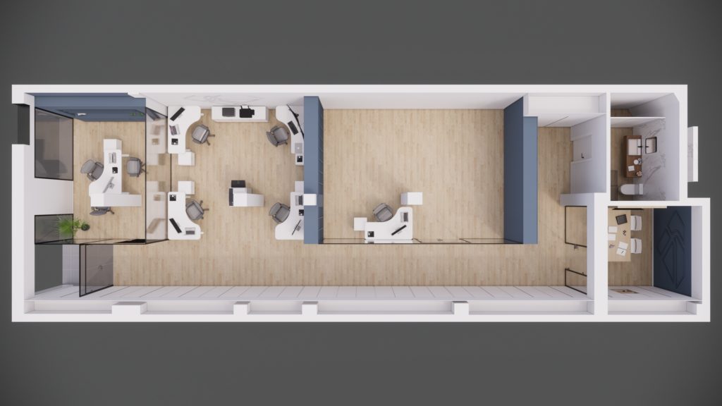 Proyecto Interiorismo y Reforma Oficinas en Montes de Oca &ndash; Malaga &ndash; 02 &ndash; Vista de planta en 3D