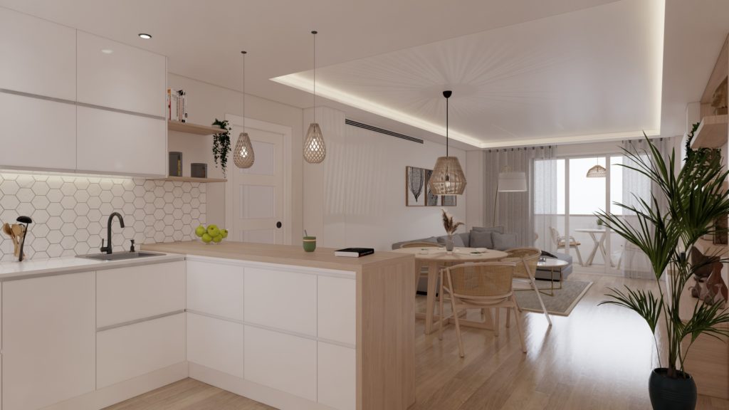 Proyecto Interiorismo y Reforma vivienda Avda del Mediterráneo Rincón de la Victoria Málaga - 02 - Zona de día desde entrada