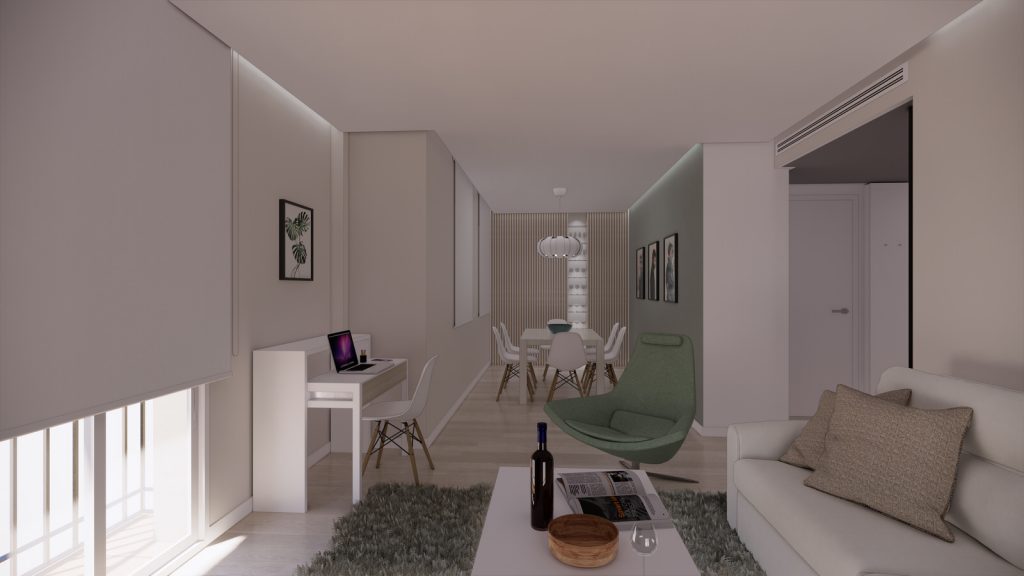 proyecto interiorismo reforma y decoración de vivienda en calle gerona malaga &ndash; 2 &ndash; salon comedor vitrina ordenador sofa fosas