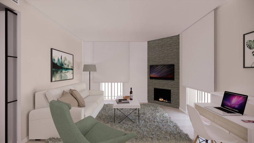 proyecto interiorismo reforma y decoración de vivienda en calle gerona malaga &ndash; 5 &ndash; salon dia chimenea sofa cortinas fosa ordenador