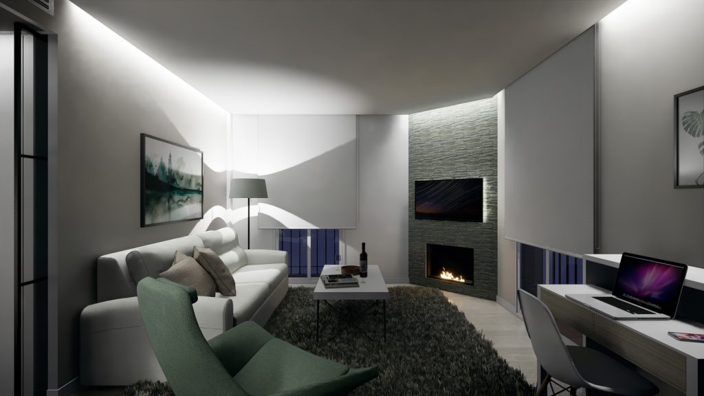 proyecto interiorismo reforma y decoración de vivienda en calle gerona malaga &ndash; 6 &ndash; salon noche chimenea sofa cortinas fosa ordenador